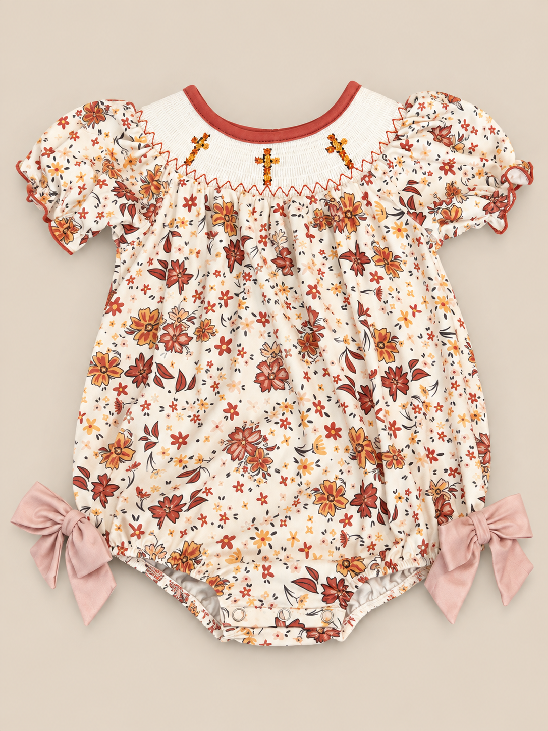 Floral Cross Smocked Embroidered Romper