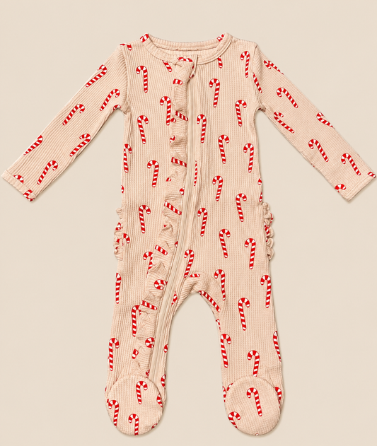 Waffle Ruffle Zip Footie - Candy Canes